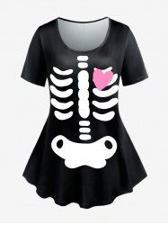 T-shirt à Imprimé Squelette et Cœur Halloween Grande Taille - Noir 1X | US 14-16