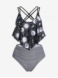 Plus Size Padded Sun Moon Galaxy Printed Stripes Overlay Tankini Swimsuit -  