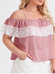 Plus Size Chiffon Hollow Out Lace Insert Flounce Cold Shoulder Summer Casual T Shirt -  