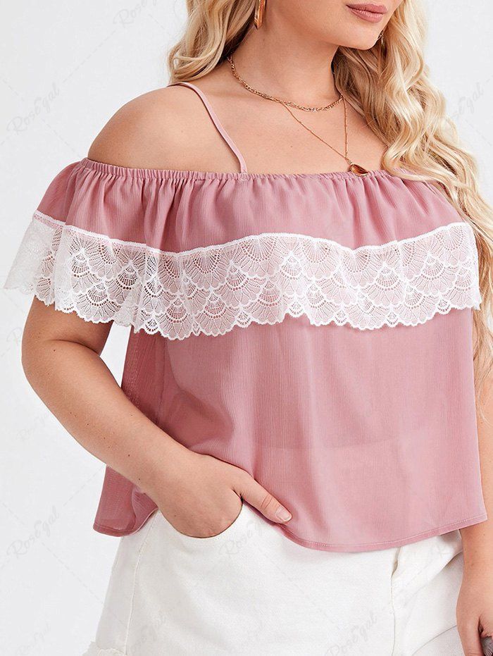 Online Plus Size Chiffon Hollow Out Lace Insert Flounce Cold Shoulder Summer Casual T Shirt  
