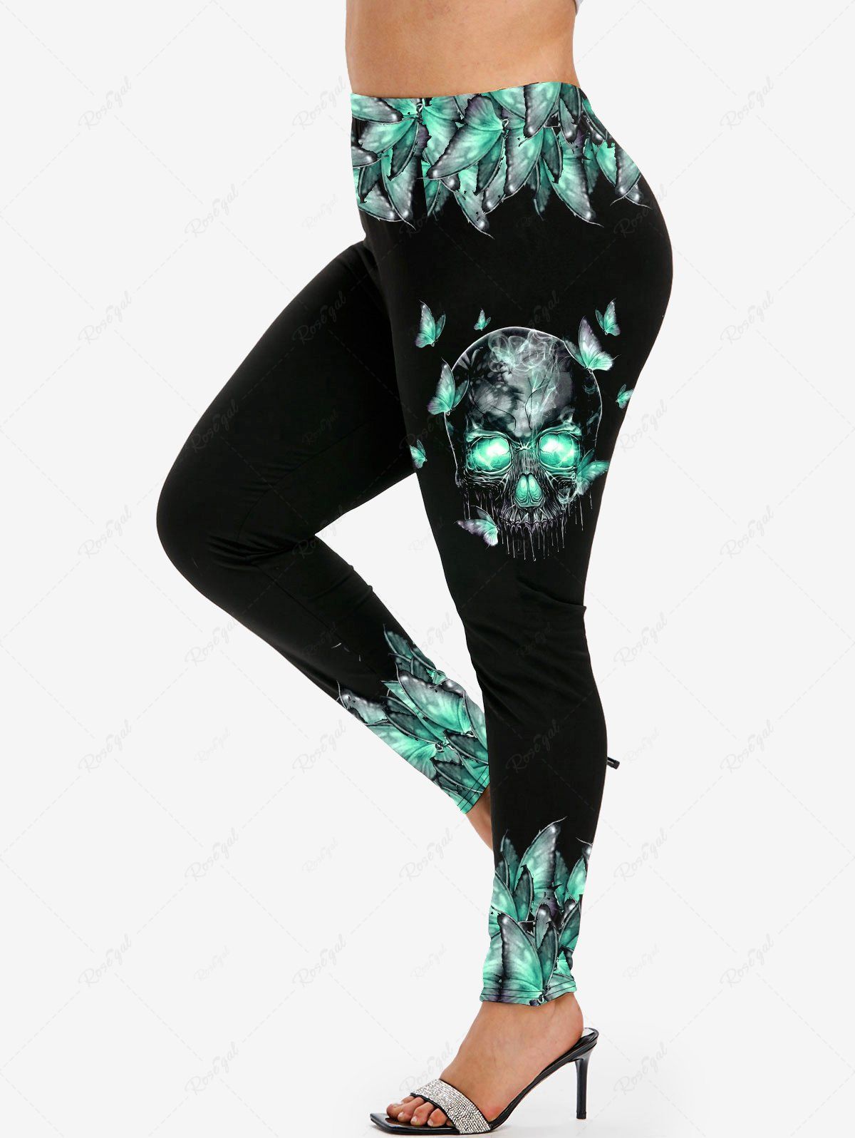 Legging Gothique à Imprimé Papillon Crâne à Taille Haute Vert clair 4x | US 26-28