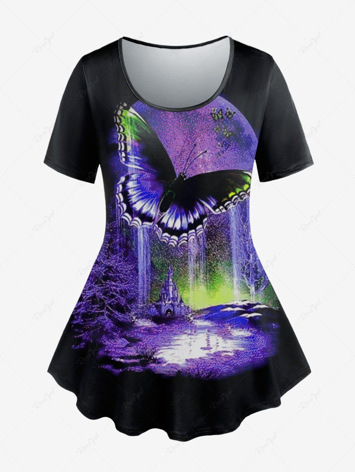 T-Shirt à Imprimé Papillons 3D Grande-Taille Pourpre  5x | US 30-32