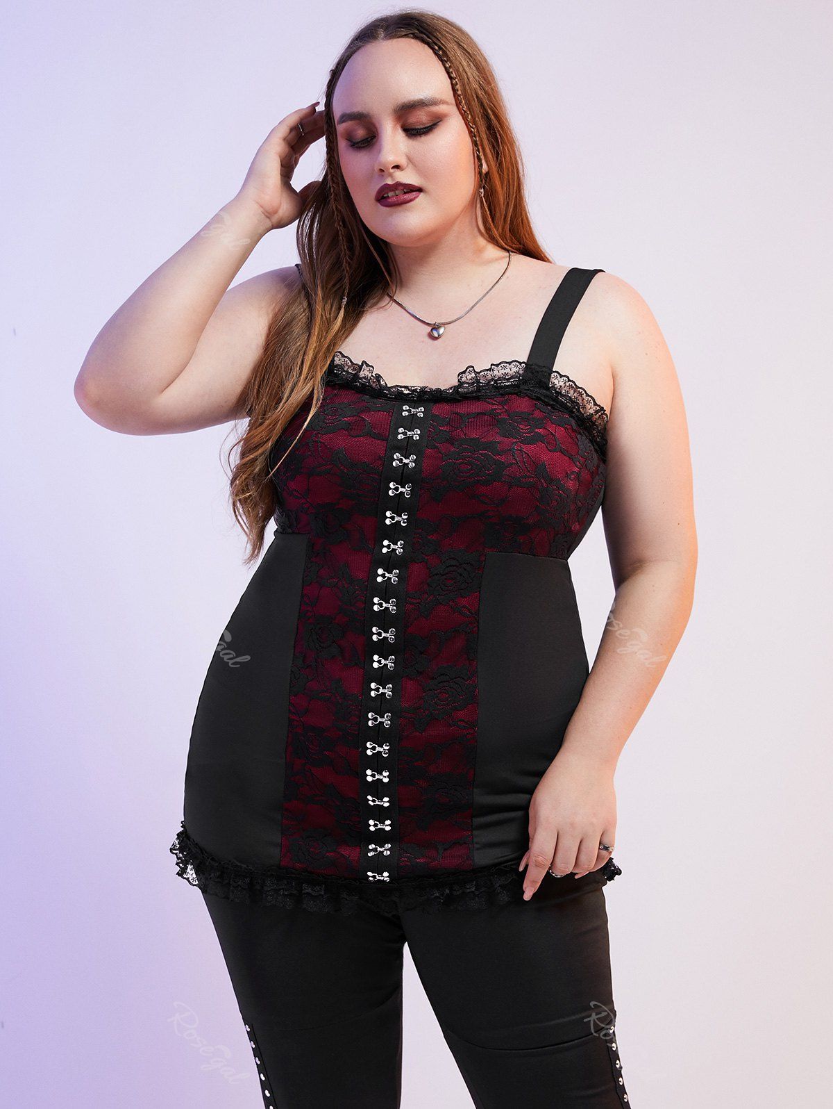 Best Plus Size Gothic Rose Lace Hook and Eye Tank Top  