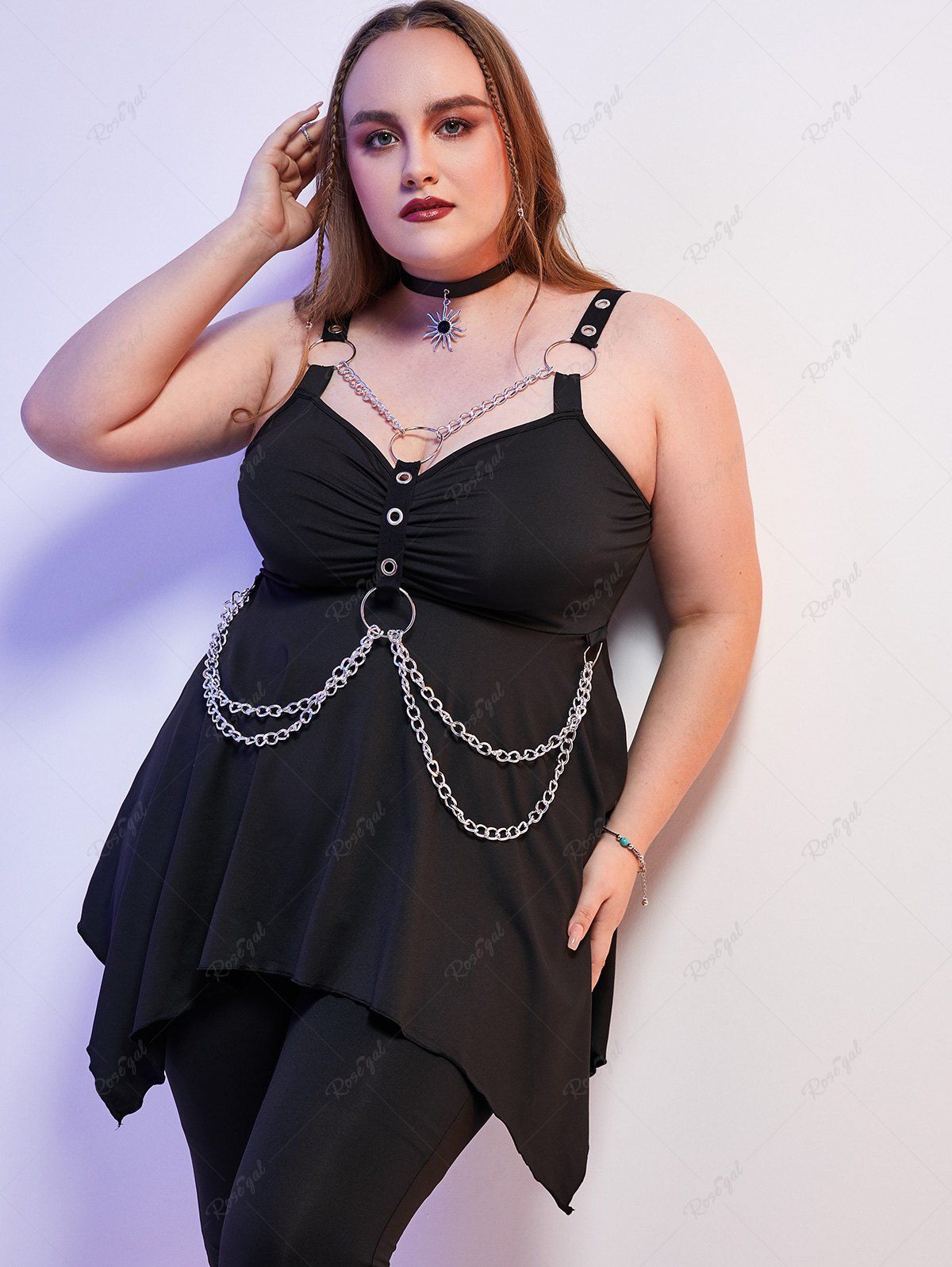 Hot Plus  Size Gothic O Ring Chains Handkerchief Tank Top  