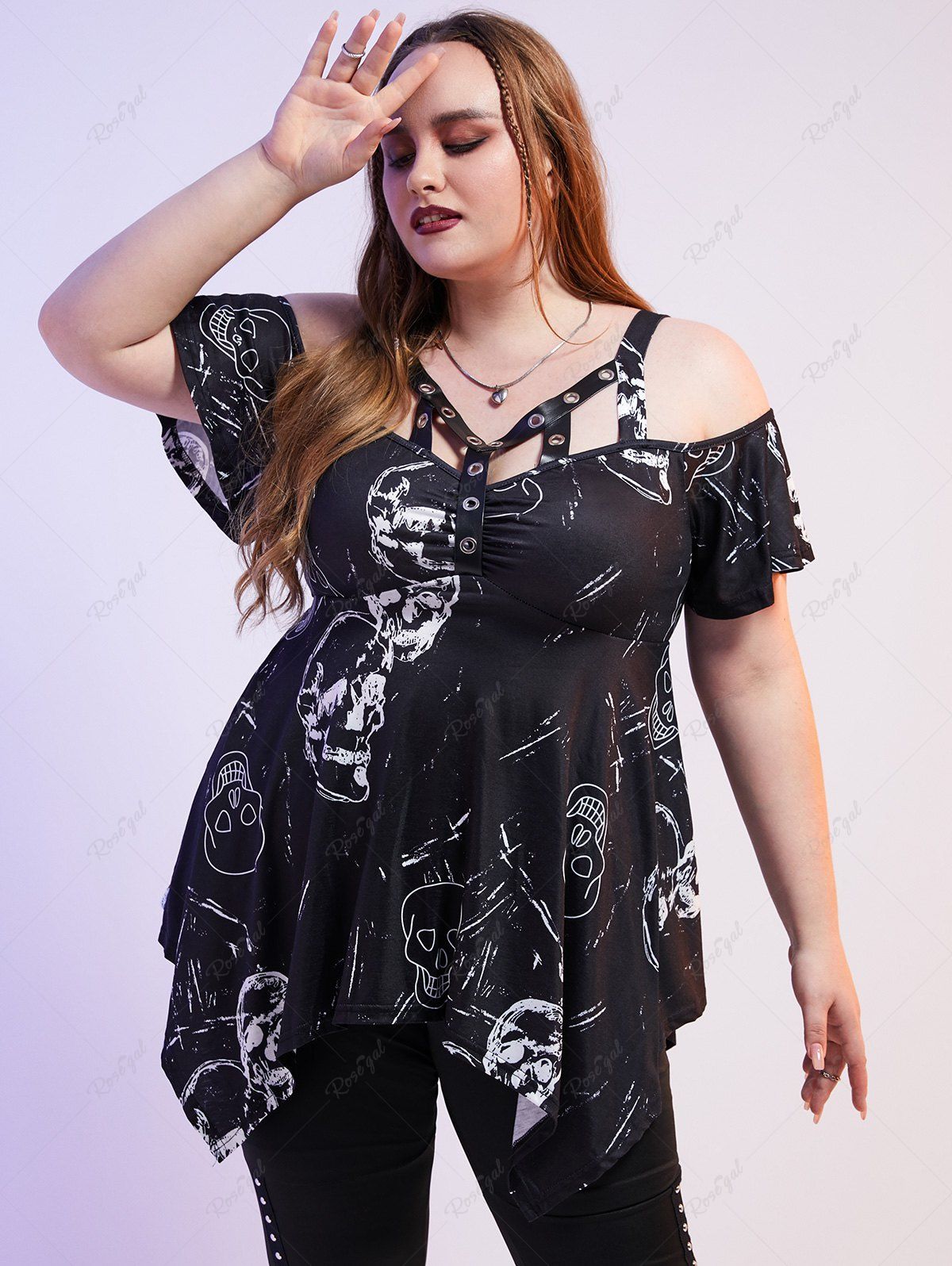 Store Plus Size Gothic Cold Shoulder Harness Skull Print Handkerchief Tee  