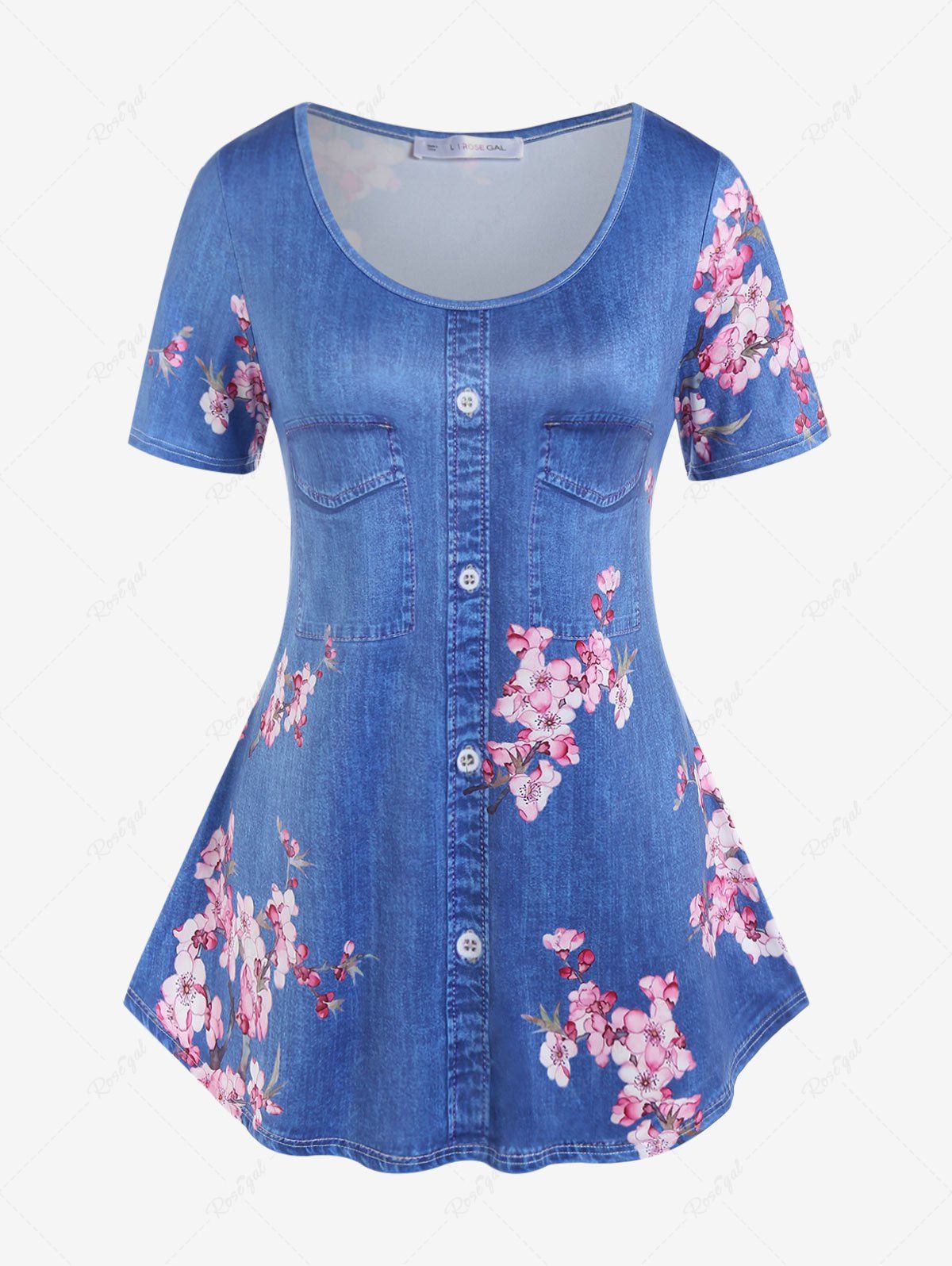 T-Shirt à Manches Courtes en Jean à Imprimé Floral 3D Grande-Taille Bleu M | US 10