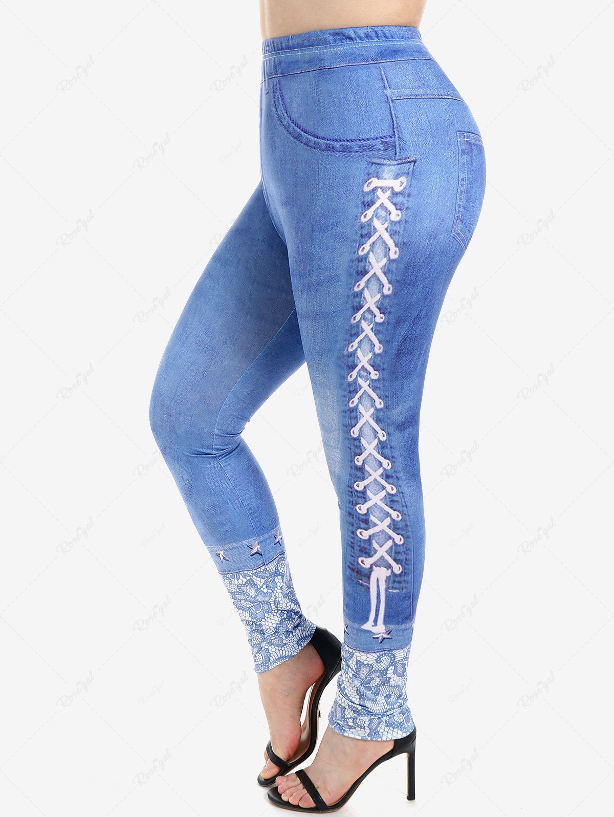 Legging Moulant à Imprimé 3D Jean à Taille Haute de Grande Taille Bleu clair 