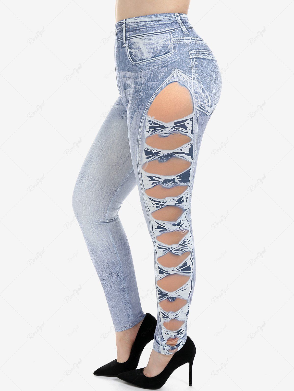 Legging Moulant à Imprimé 3D Jean à Taille Haute de Grande Taille Gris 