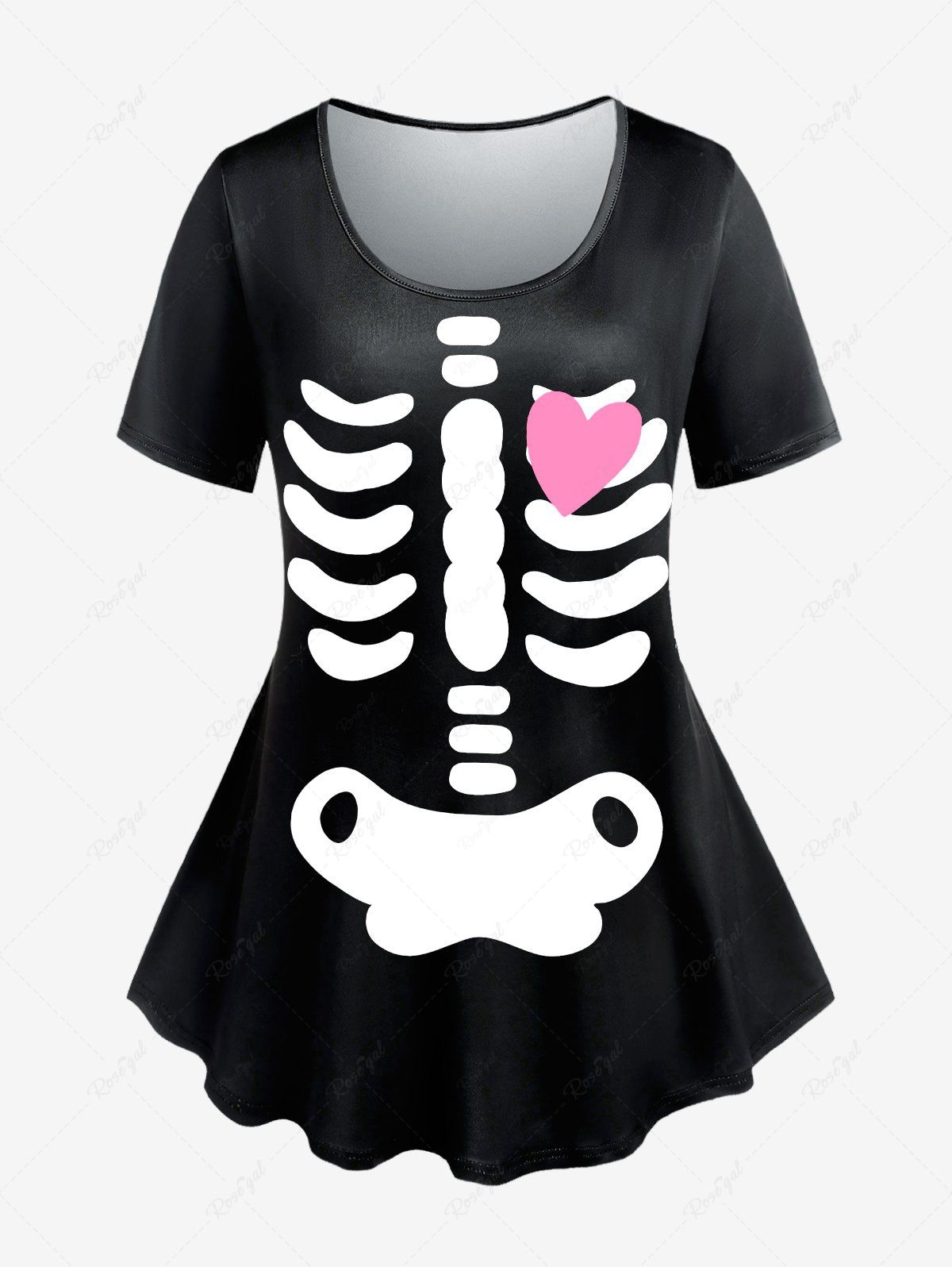 T-shirt à Imprimé Squelette et Cœur Halloween Grande Taille Noir 