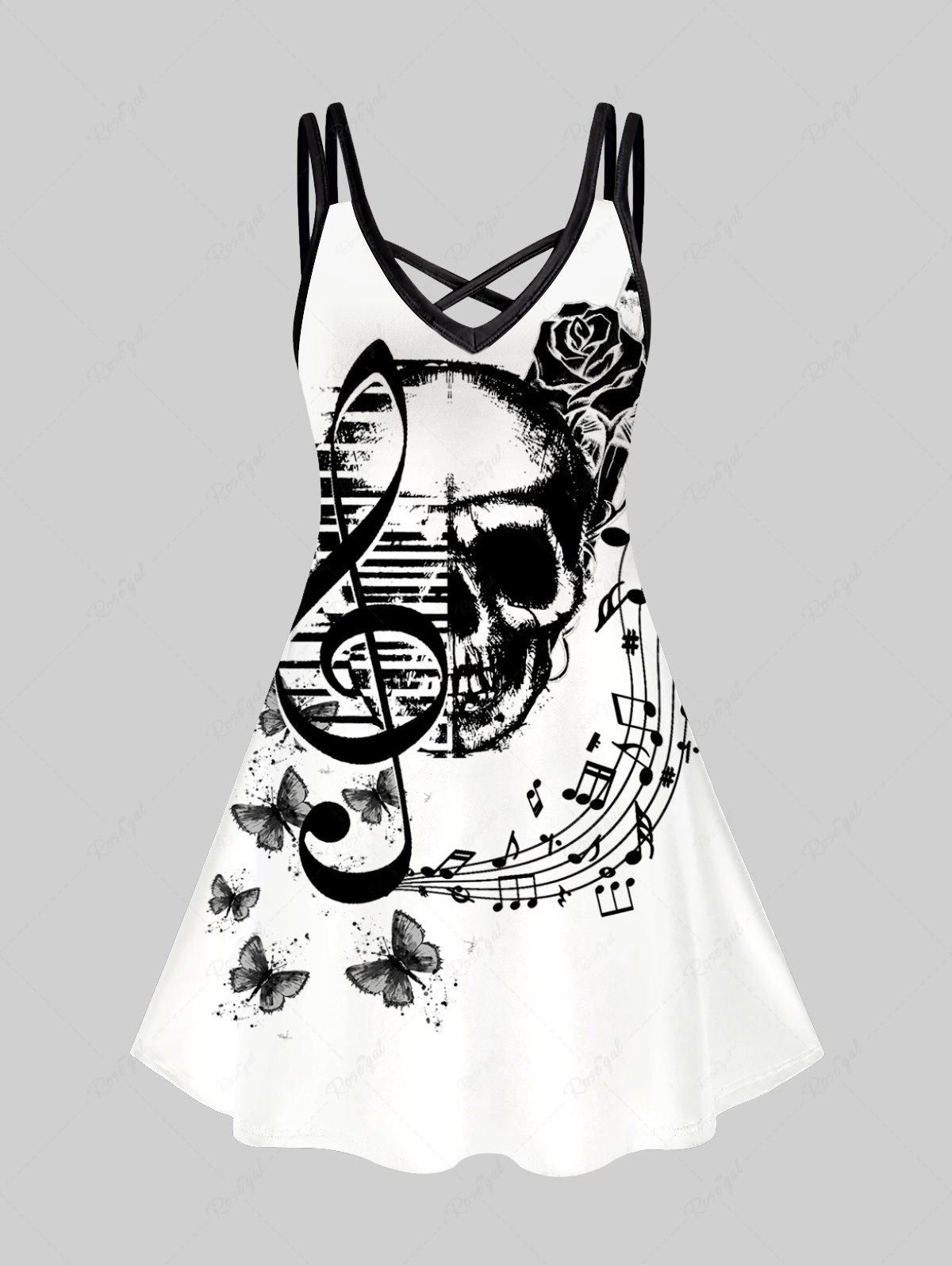 Best Gothic Butterfly Skull Notes Printed Crisscross A Line Dress  