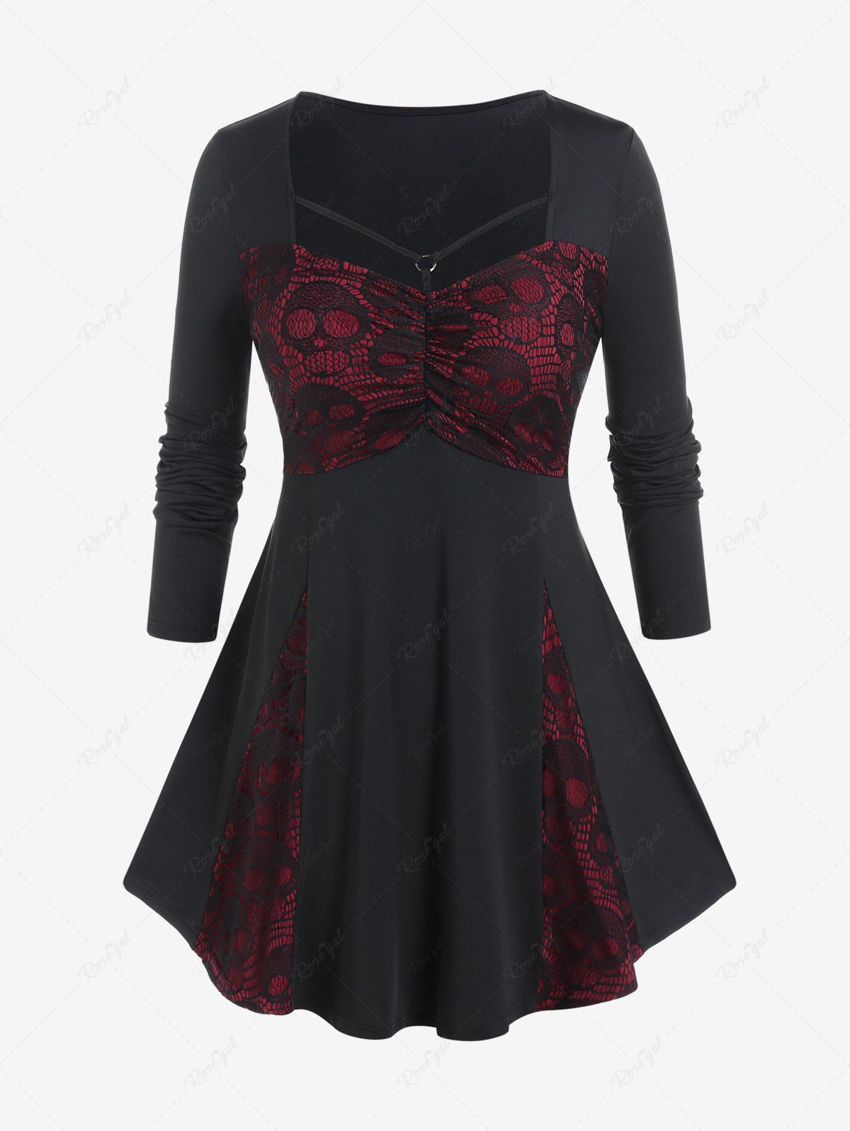 Outfit Gothic Skulls Lace Panel O-ring Godet Hem Long Sleeves Tee  