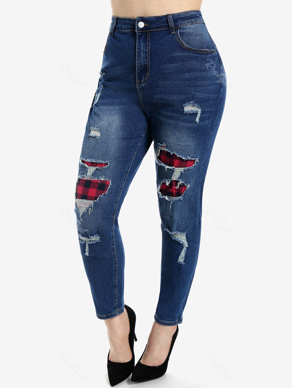Unique Plus Size High Rise Plaid Ripped Jeans  