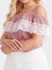 Plus Size Chiffon Hollow Out Lace Insert Flounce Cold Shoulder Summer Casual T Shirt -  
