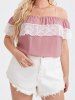 Plus Size Chiffon Hollow Out Lace Insert Flounce Cold Shoulder Summer Casual T Shirt -  