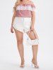 Plus Size Chiffon Hollow Out Lace Insert Flounce Cold Shoulder Summer Casual T Shirt -  