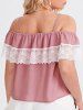 Plus Size Chiffon Hollow Out Lace Insert Flounce Cold Shoulder Summer Casual T Shirt -  