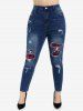 Plus Size High Rise Plaid Ripped Jeans -  