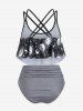 Plus Size Padded Sun Moon Galaxy Printed Stripes Overlay Tankini Swimsuit -  