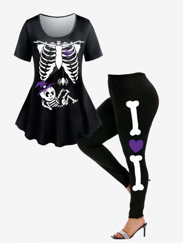 Halloween Costume Skeleton Print Tee and Skeleton Heart Print Halloween Leggings Outfit