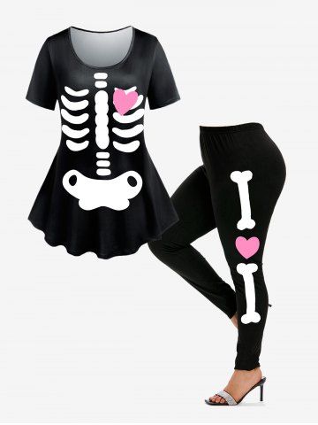 Halloween Costume Skeleton Heart Print Tee and Skinny Leggings Plus Size Outfit