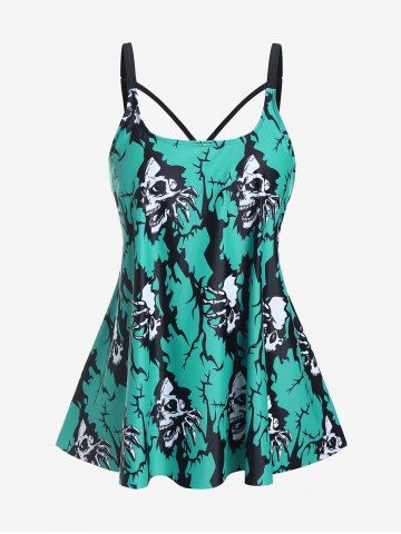 Plus Size Gothic Skulls Printed Padded Backless Tankini Top Swimsuit - GREEN - L | US 12