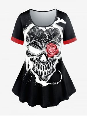 T-shirt Gothique à Imprimé Rose Crâne à Manches Courtes