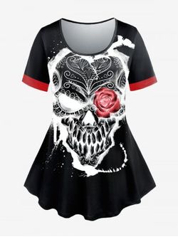 Camiseta de Manga Corta con Estampado de Rosa de Cráneo Gótico - RED - 5X | US 30-32
