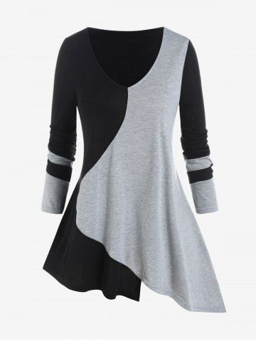 T-shirt Asymétrique Bicolore de Grande Taille à Manches Longues - BLACK - 2X | US 18-20