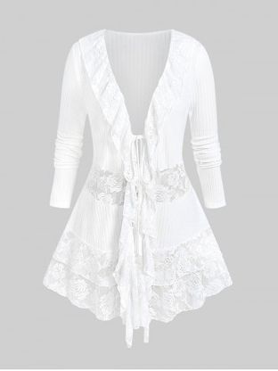 Plus Size Ruffle Lace Panel Open Front Cardigan