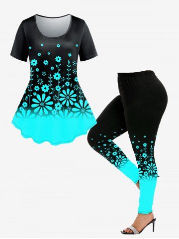 Floral Ombre Tee and Skinny Leggings Plus Size Matching Set Outfit - BLACK
