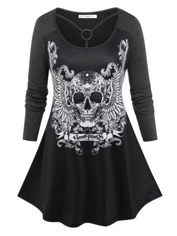 Plus Size Gothic Skull Wing Print O Ring T-shirt - BLACK - L