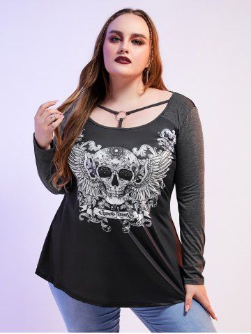Plus Size Gothic Skull Wing Print O Ring T-shirt
