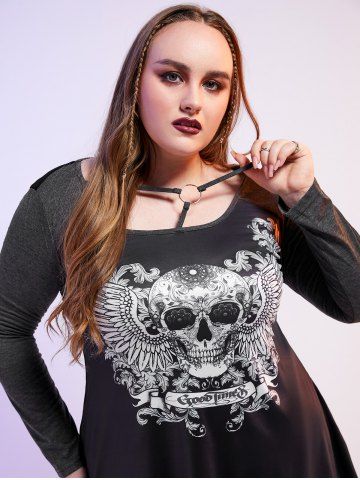 Plus Size Gothic Skull Wing Print O Ring T-shirt