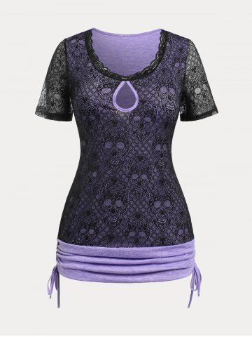 Plus Size & Curve Gothic Keyhole Skull Lace Cinched Tee - PURPLE - M | US 10