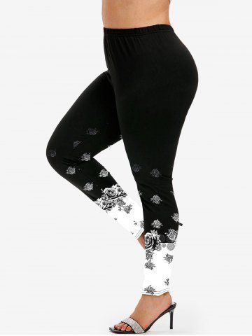 Plus Size Colorblock Rose Print Leggings - BLACK - 4X | US 26-28