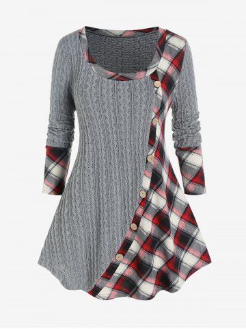 Plus Size Mixed Media Plaid Cable Knit Tee - GRAY - 4X | US 26-28