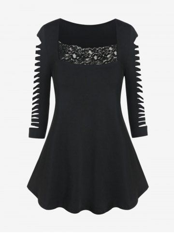 Plus Size Ripped Sleeve Lace Panel Tee