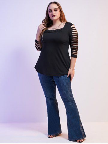 Plus Size Ripped Sleeve Lace Panel Tee