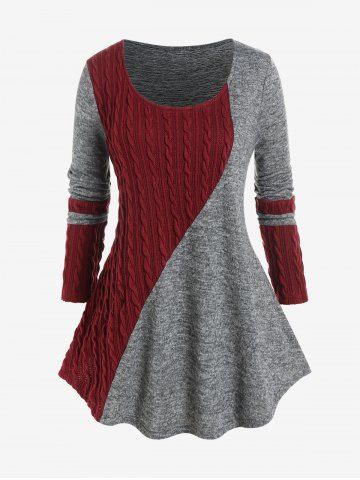 Plus Size Colorblock Cable Knit Tee - GRAY - M | US 10