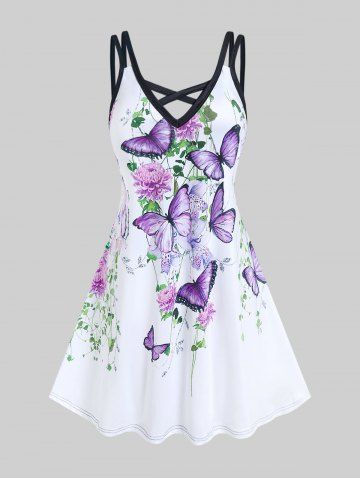 Plus Size Butterfly Flower Printed Crisscross A Line Sleeveless Dress - WHITE - M | US 10