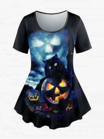 Plus Size Pumpkin Cat Print Halloween Tee - BLACK - 5X | US 30-32