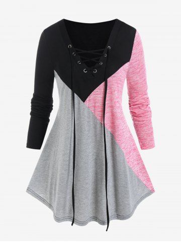 Plus Size Lace Up Colorblock T-shirt
