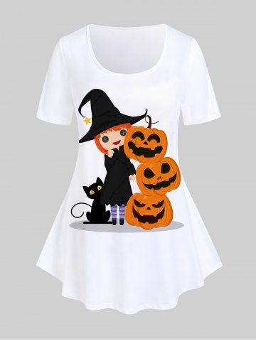 Plus Size Pumpkins Cat Witches Printed Halloween Tee - WHITE - 2X | US 18-20
