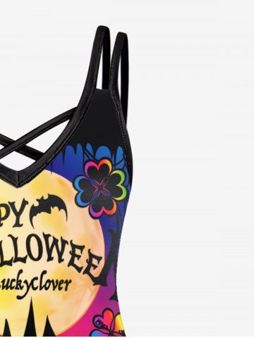 Plus Size Halloween Pumpkins Bats Printed Crisscross A Line Dress