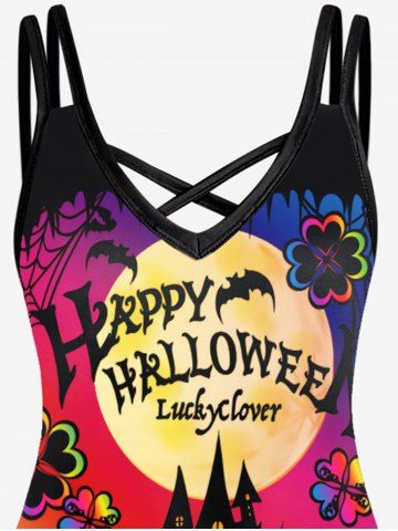 Plus Size Halloween Pumpkins Bats Printed Crisscross A Line Dress