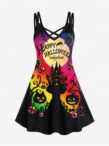 Plus Size Halloween Pumpkins Bats Printed Crisscross A Line Dress