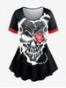 T-shirt Gothique à Imprimé Rose Crâne à Manches Courtes - Rouge 