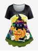 T-shirt à Imprimé Citrouille Chat Halloween Grande Taille - Noir 