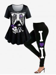 Ensemble T-shirt à Imprimé Squelette et Cœur Halloween et Legging - Noir 