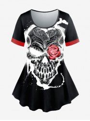 T-shirt Gothique à Imprimé Rose Crâne à Manches Courtes - Rouge 4X | US 26-28